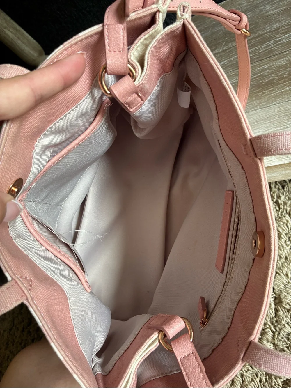 LC Lauren Conrad Mama Cream Canvas Tote with Faux Leather Straps and Pink Accent